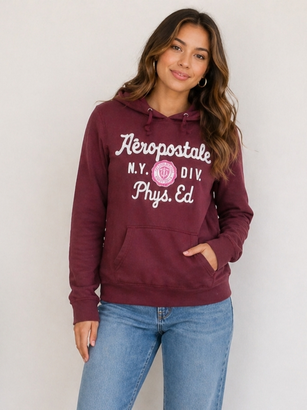 Aeropostale Burgundy Hoodie Women Large Pullover Logo Graphic Phys Ed Sweatshirt